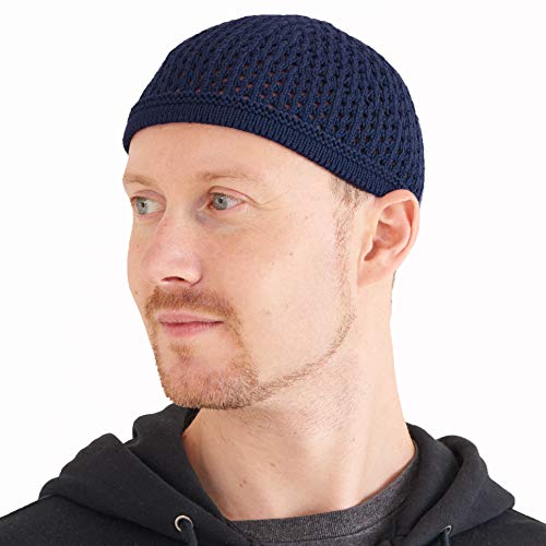 Charm 100% Cotton Skull Caps for Men, Knit Kufi Hat for Muslim Prayer, Women's Mesh Crochet Beanie, Ideal Head Wear During Summer Navy - Image 1
