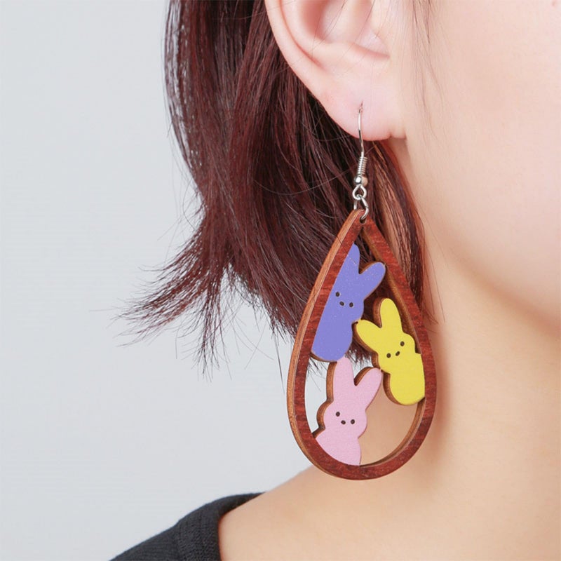 WCRAZYE Colorful Easter Rabbit Wooden Dangle Earrings for Women Handmade Wooden Bunny Earrings Cute Leopard Duck Chicken Carrot Egg Easter Earrings Gift (Colorful Rabbit) - Image 2