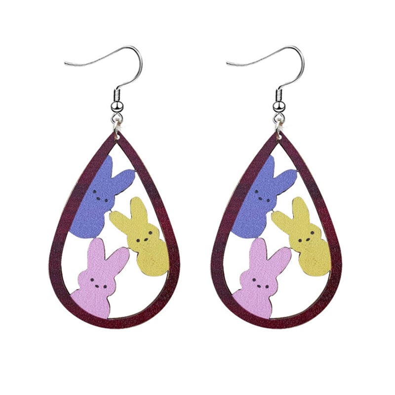 WCRAZYE Colorful Easter Rabbit Wooden Dangle Earrings for Women Handmade Wooden Bunny Earrings Cute Leopard Duck Chicken Carrot Egg Easter Earrings Gift (Colorful Rabbit) - Image 1