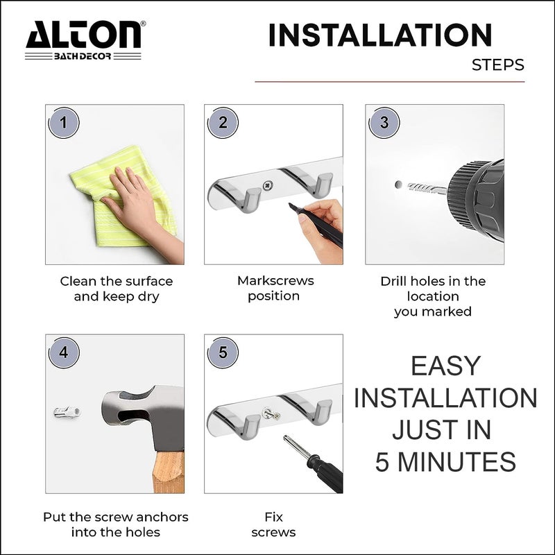 Alton ALTON ALD965 Stainless Steel 4Pin Wall Hooks for Hanging Cloth and Towel Hangers for Wall Hooks Door Hangers Hook Rail Silver Pack of 2 - Image 4