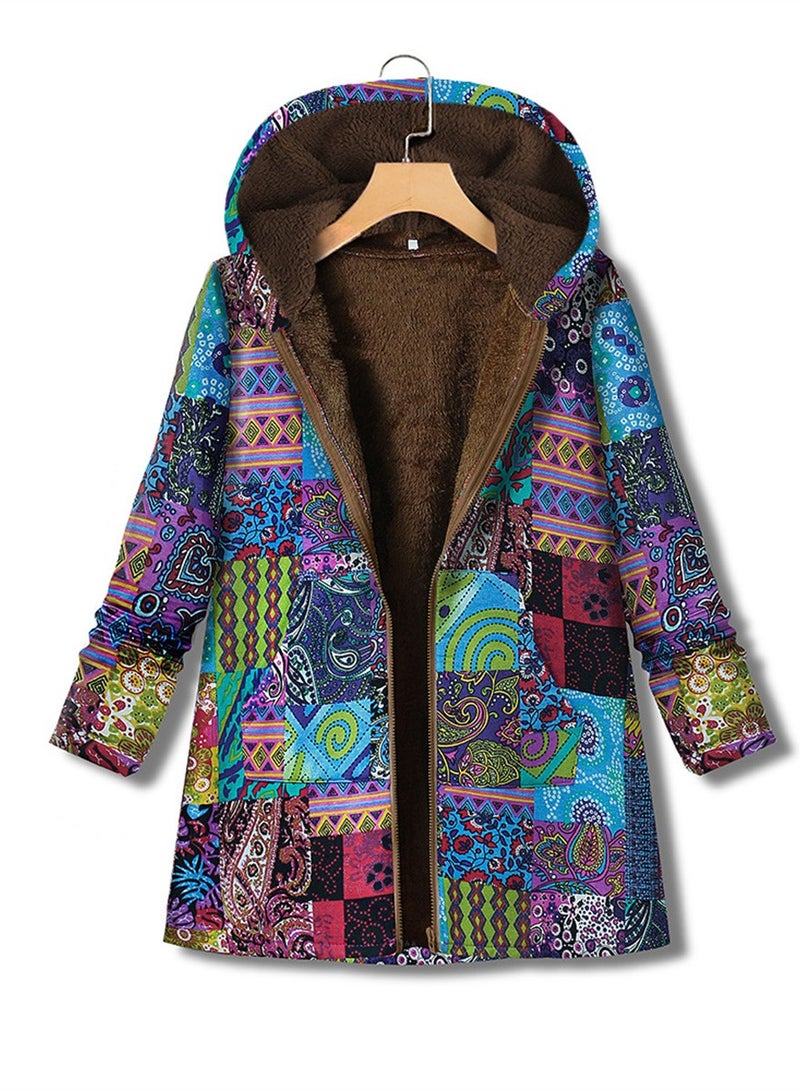 Loquat Autumn And Winter Thick Printed Women's Hooded Slim-Fit Long Warm Coat Blue 