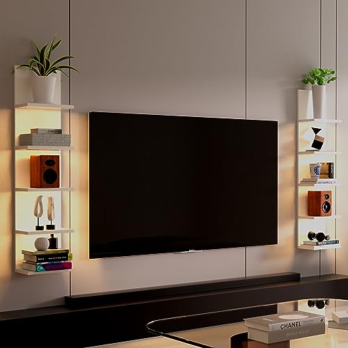Homaterial 5 Tier Wall Shelf with Light, White Modern Vertical Lack Wall Shelves, Wall Mount, Floating Column Home Decor Shelves for Bedroom, Living Room, Vanity Storage Display - Image 3