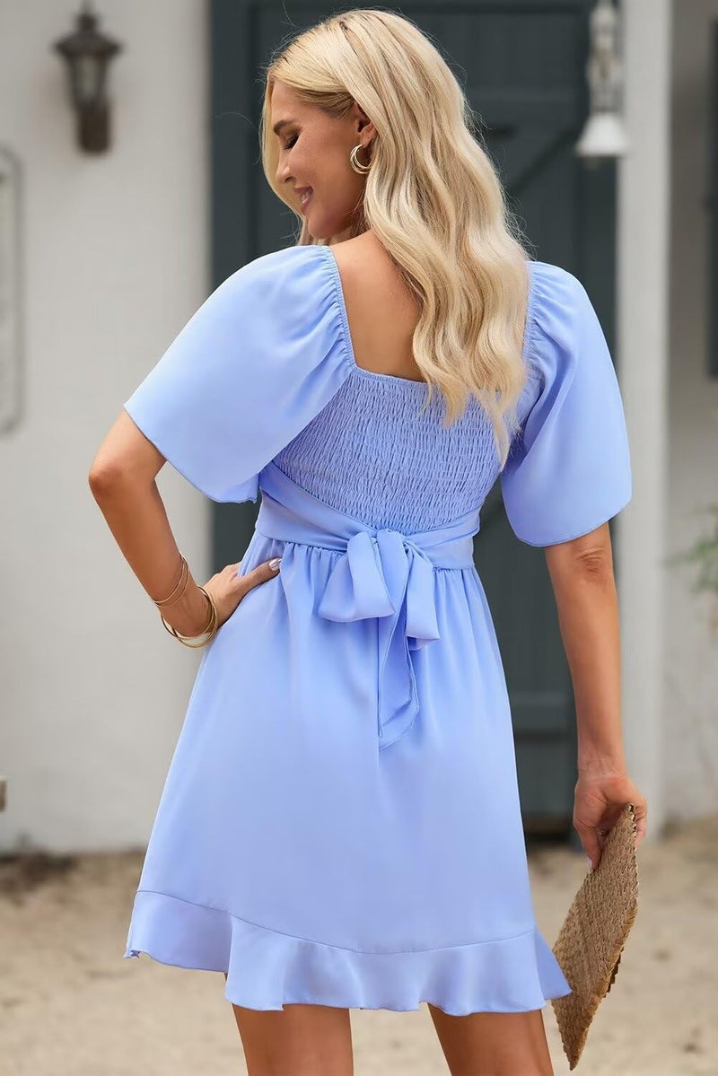 Dokotoo Dress for Women Summer Wrap V Neck Short Sleeve Smocked Elastic Waist Tiered Belted Ruffle Hem Mini Dress Holiday Dress Sky Blue L - Image 4