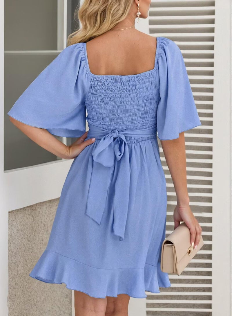 Dokotoo Dress for Women Summer Wrap V Neck Short Sleeve Smocked Elastic Waist Tiered Belted Ruffle Hem Mini Dress Holiday Dress Sky Blue L - Image 2