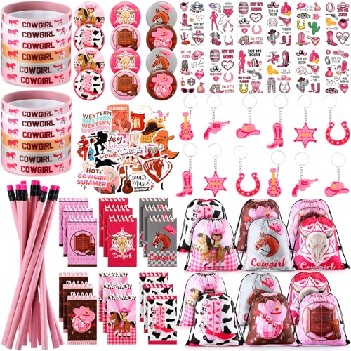 Liliful 140 Pcs Cowgirl Party Favors Include Cowgirl Drawstring Backpacks Bracelets Books Badges Keychains Pink Pencils Pink Horse Stickers Tattoo Stickers for Disco Western Birthday - Image 1
