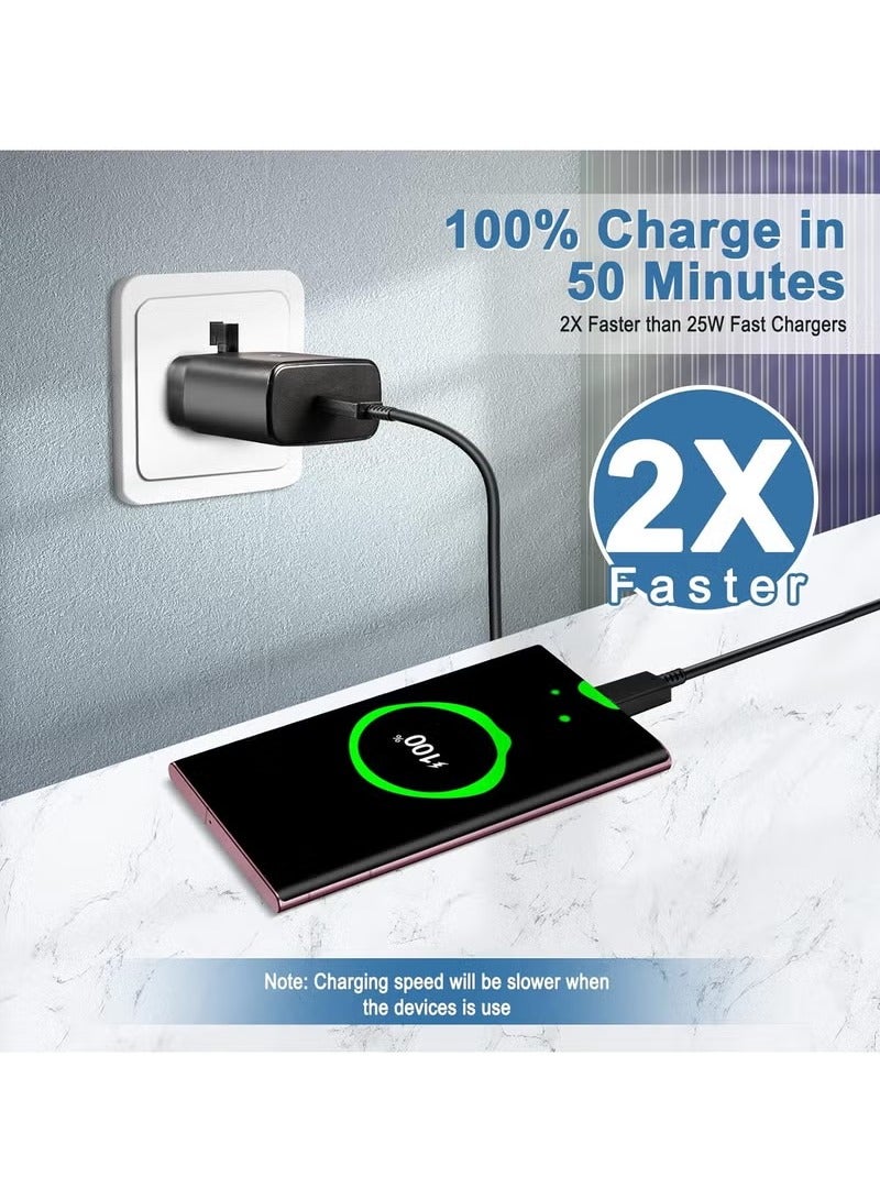 شاحن سريع 45 وات متوافق مع قابس سامسونج من النوع C مع كابل USB C، محول قابس شاحن الحائط وكابل متوافق مع سامسونج جالاكسي S24 Ultra/S24 Plus/S23 FE/S24/S22/S21 S20، A54 A25 A15 A05S A53 A34 A23 5G، Z Fold 4 5/Z Filp، Tab S7 S8 S9