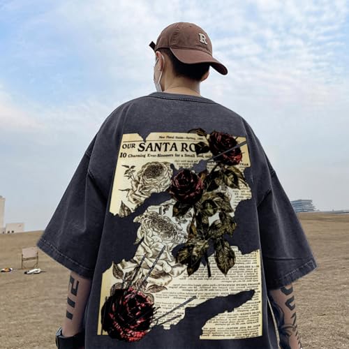 Lubpow Mens Acid Wash Tshirt Oversized Vintage Graphic T-Shirts Cool Grunge Rose Floral Shirt Trendy Y2K Streetwear Tee Tops(Black,M) - Image 3