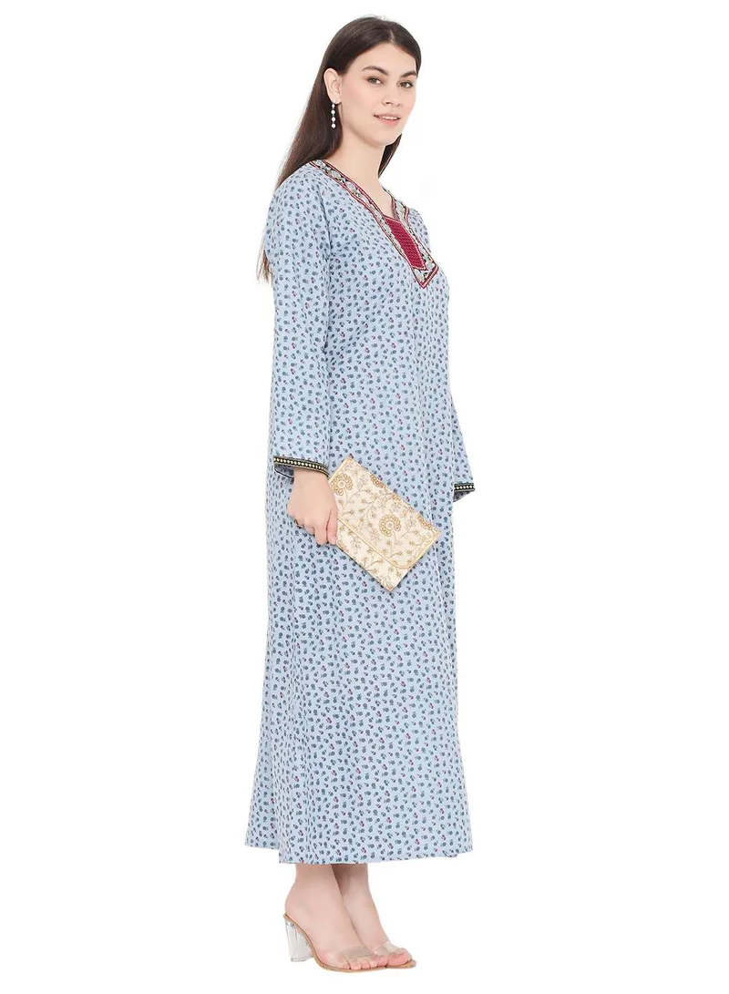 HANA & SARA TINY FLOWER PRINT WITH UNIQUE THREAD EMBROIDERY CASUAL ARABIC KAFTAN JALABIYA DRESS