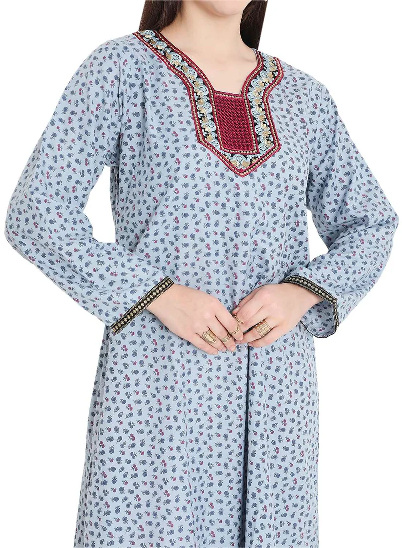 HANA & SARA TINY FLOWER PRINT WITH UNIQUE THREAD EMBROIDERY CASUAL ARABIC KAFTAN JALABIYA DRESS