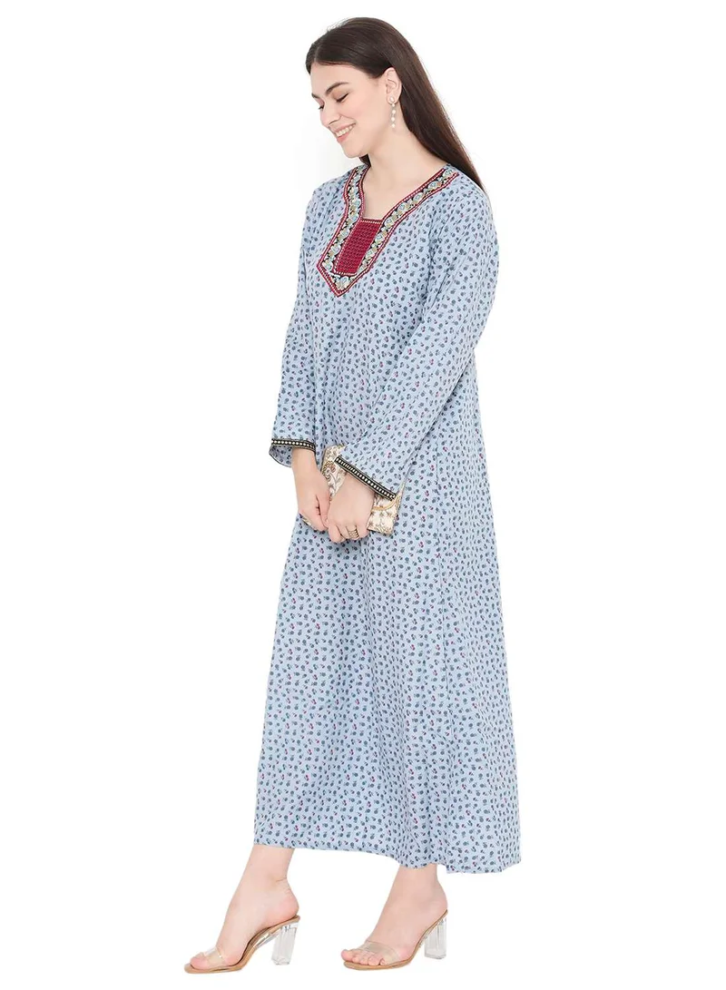HANA & SARA TINY FLOWER PRINT WITH UNIQUE THREAD EMBROIDERY CASUAL ARABIC KAFTAN JALABIYA DRESS