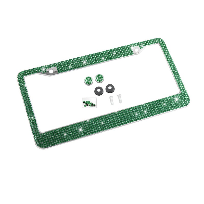 YALOK Bling Car License Plate Frame Sparkly Rhinestone Stainless Steel License Plate CoverHolder Universal for Most Cars SUVs Vehicles with Screw Set Auto Accessories for Women Dark Green - Image 3