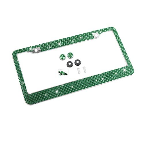 YALOK Bling Car License Plate Frame Sparkly Rhinestone Stainless Steel License Plate CoverHolder Universal for Most Cars SUVs Vehicles with Screw Set Auto Accessories for Women Dark Green - Image 1