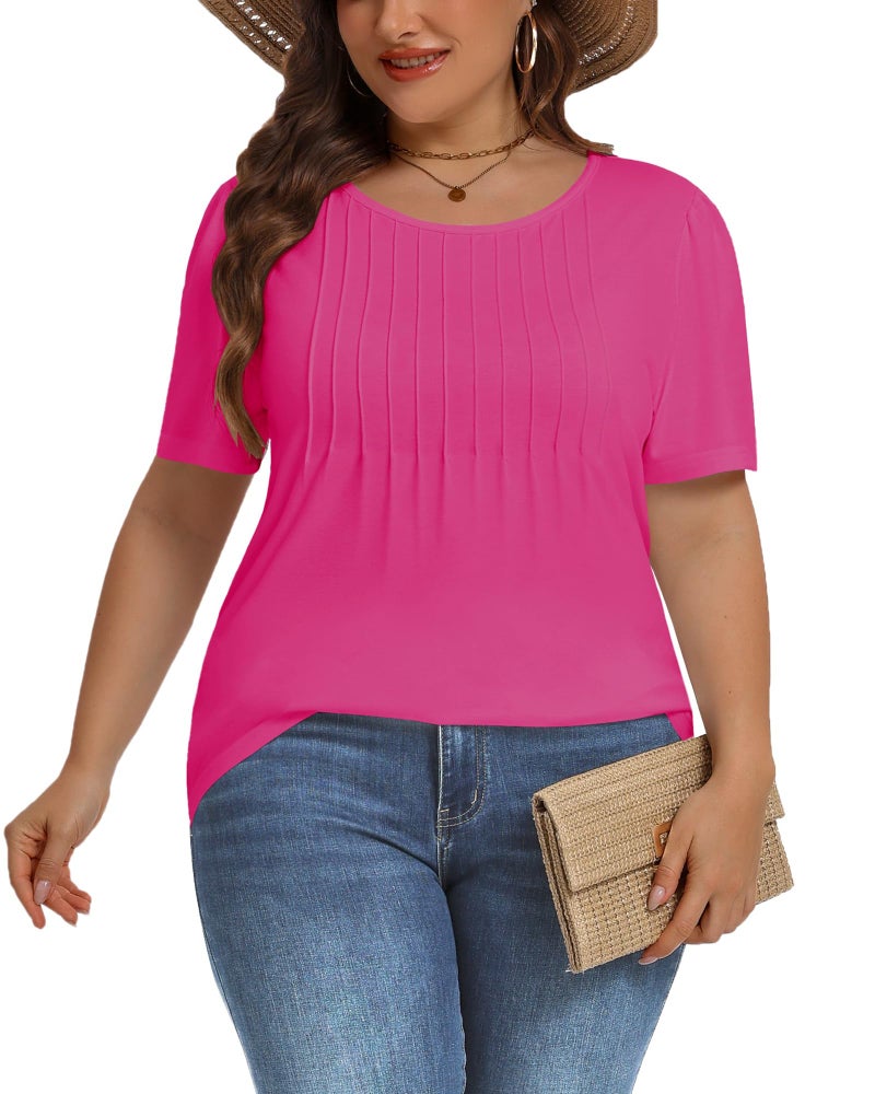 JOELLYUS Plus Size Tops for Women Pleated Summer Top Trendy Short Sleeve Shirts Casual Basic Tee Crew Neck Blouses (Hot Pink, 3XL) - Image 3