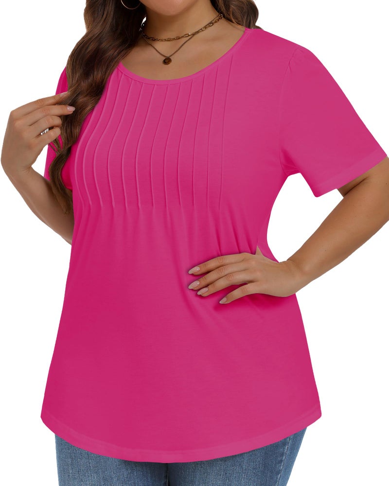 JOELLYUS Plus Size Tops for Women Pleated Summer Top Trendy Short Sleeve Shirts Casual Basic Tee Crew Neck Blouses (Hot Pink, 3XL) - Image 4