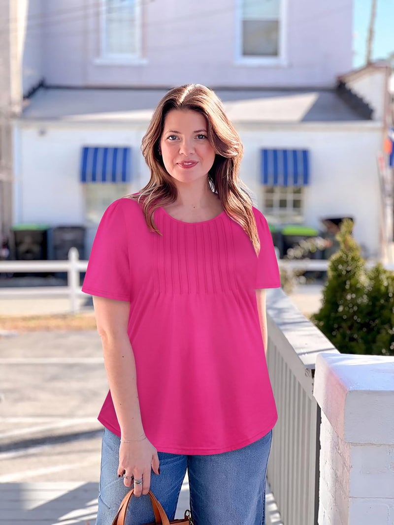 JOELLYUS Plus Size Tops for Women Pleated Summer Top Trendy Short Sleeve Shirts Casual Basic Tee Crew Neck Blouses (Hot Pink, 3XL) - Image 2