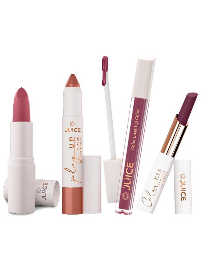 Juice Long Lasting, 4pc Lipstick Combo Set For Women(Light Pink-M12 Bullet Lipstick, Barely There-MCR01 Play up Lip Crayon, Lovely Lilac-M17 Liquid Lipstick, Mauve On!-M13 Slim Stick) - Image 1
