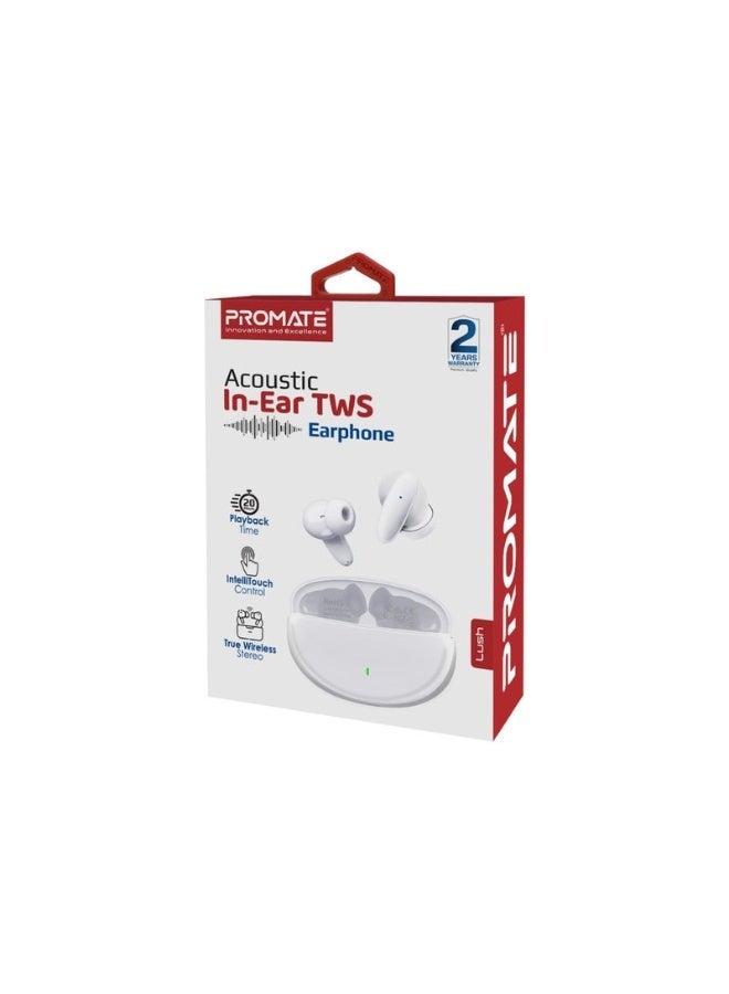 Promats Promate Acoustic In‑Ear TWS Earphone (Lush) – Bluetooth 5.1 True Wireless Earbuds with Touch Intuitive Controls, Balanced Bass, Lightweight Compact Design, IPX5 Sweat-Resistant, Up to 20 Hours Playback – White  - Image 2