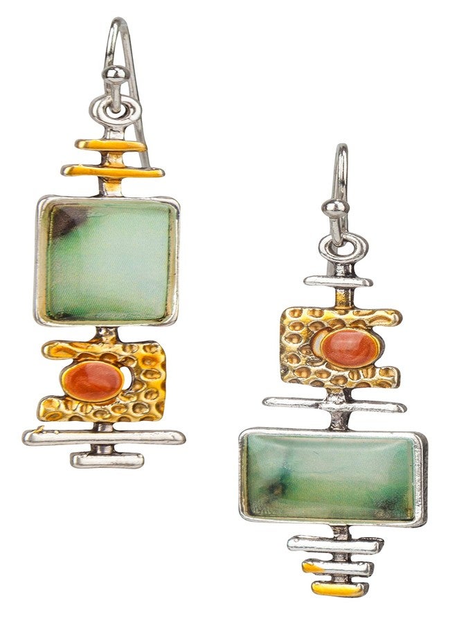 SPUNKYsoul Handmade Boho Earrings for Women Dangle Teardrop Earrings - Lightweight Trendy Bohemian Style (Asymmetrical Green Orange Mixed Metal) - Image 1