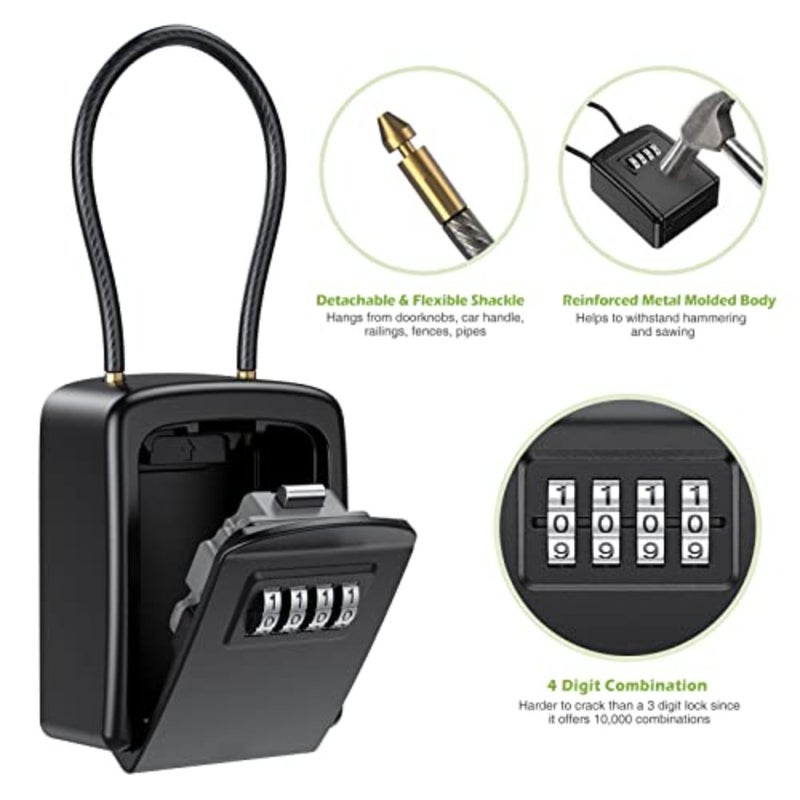 Key Lock Box, Safe Lock Box for Keys with Removable Chain, Resettable Code Key Storage Lock Box Waterproof with 4 Digit Combination, 5 Key Capacity for Warehouse, Home, Indoor and Outdoor - Black - Image 4
