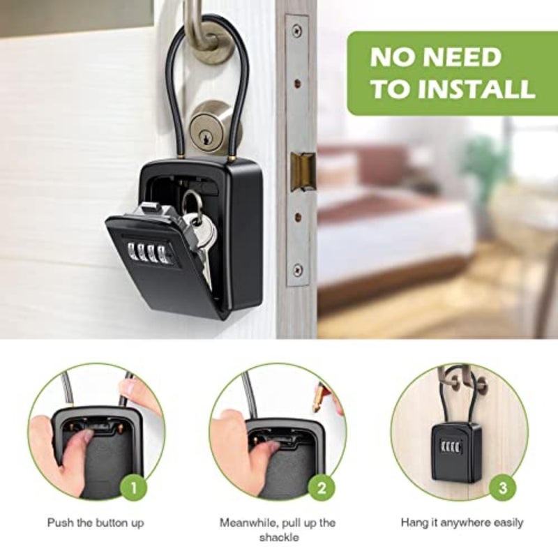 Key Lock Box, Safe Lock Box for Keys with Removable Chain, Resettable Code Key Storage Lock Box Waterproof with 4 Digit Combination, 5 Key Capacity for Warehouse, Home, Indoor and Outdoor - Black - Image 5