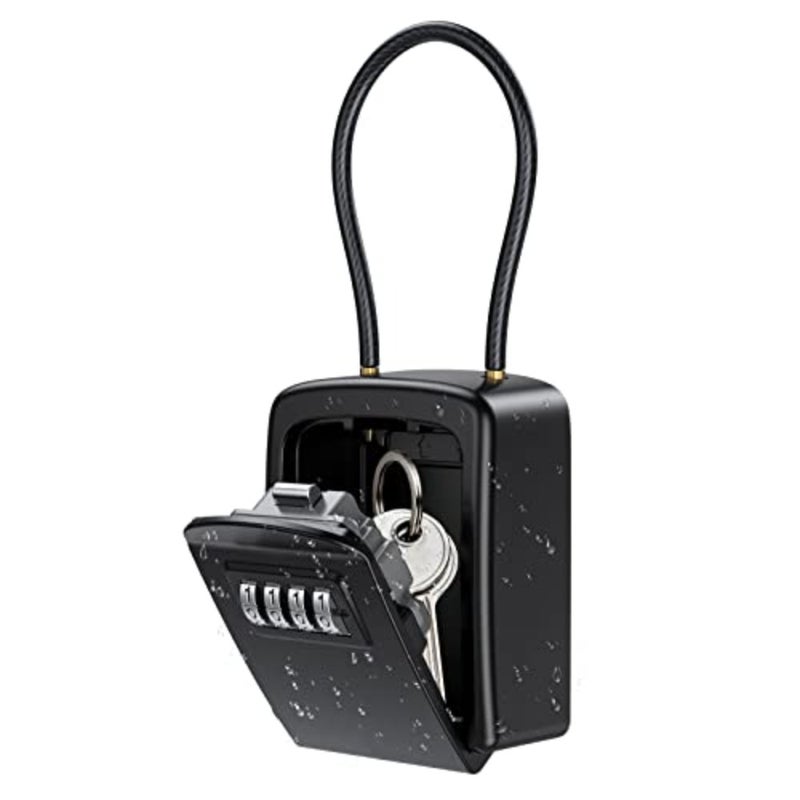 Key Lock Box, Safe Lock Box for Keys with Removable Chain, Resettable Code Key Storage Lock Box Waterproof with 4 Digit Combination, 5 Key Capacity for Warehouse, Home, Indoor and Outdoor - Black - Image 1