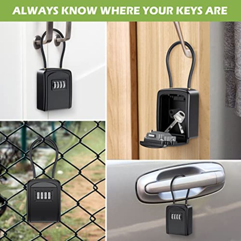 Key Lock Box, Safe Lock Box for Keys with Removable Chain, Resettable Code Key Storage Lock Box Waterproof with 4 Digit Combination, 5 Key Capacity for Warehouse, Home, Indoor and Outdoor - Black - Image 2