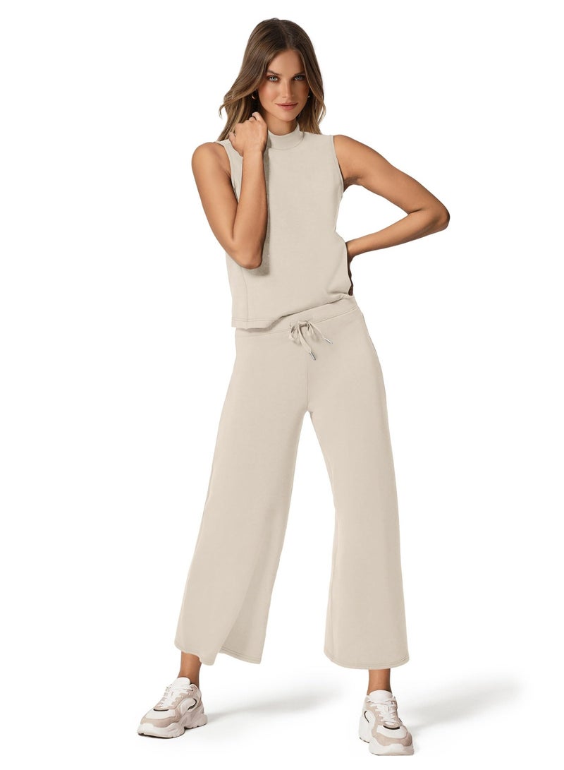 NIBEMINENT Two Piece Sets for Women Summer Outfits Lounge Sets Mock Neck Tops Wide Leg Crop Pants Vacation Travel Outfits - Image 2
