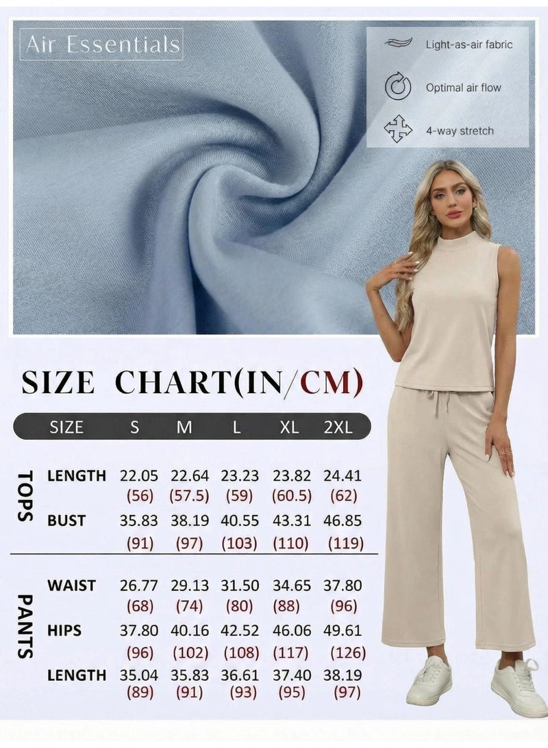 NIBEMINENT Two Piece Sets for Women Summer Outfits Lounge Sets Mock Neck Tops Wide Leg Crop Pants Vacation Travel Outfits - Image 4