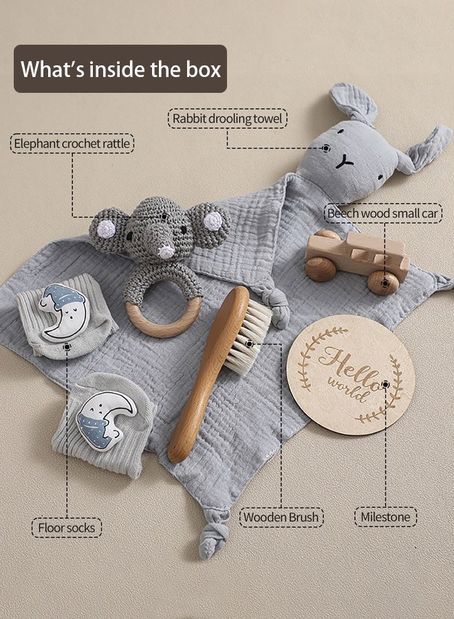 Hanayo Baby Gift Set 6 Pcs Set Baby Shower Gifts Unique Baby Gift Set Essentials Stuffs Baby Bath Toys with Rattles Bath Brush Newborn Baby Gift Set for Girls Boys(Grey) - Image 3