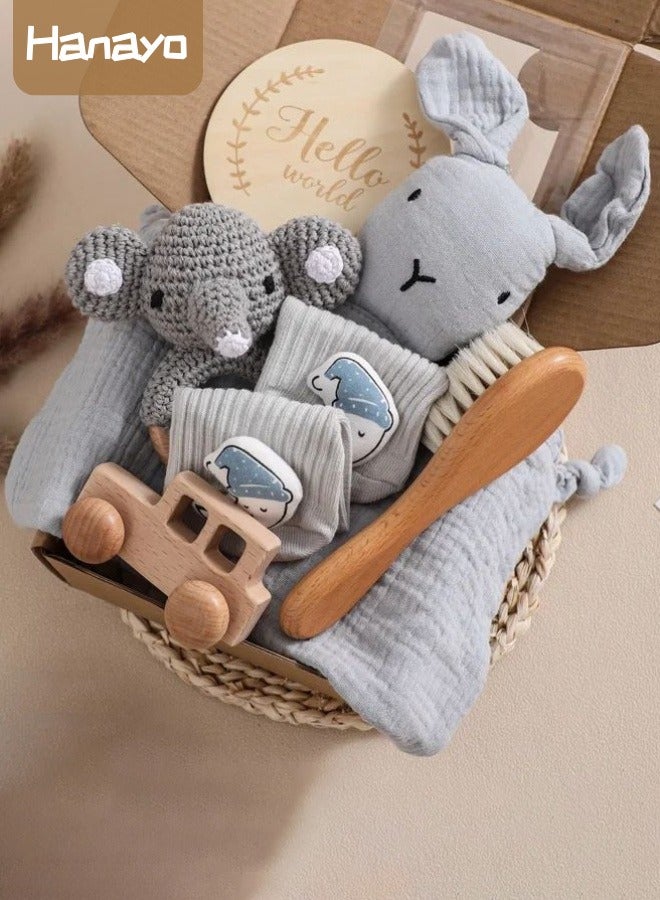 Hanayo Baby Gift Set 6 Pcs Set Baby Shower Gifts Unique Baby Gift Set Essentials Stuffs Baby Bath Toys with Rattles Bath Brush Newborn Baby Gift Set for Girls Boys(Grey) - Image 1