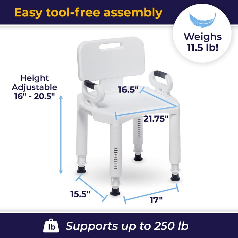 Drive Medical Bathroom Bench with Back & Arms - Adjustable Height - Suction Tip Legs for Stability - Durable Plastic Seat - 350 Lb Capacity - White - Image 4