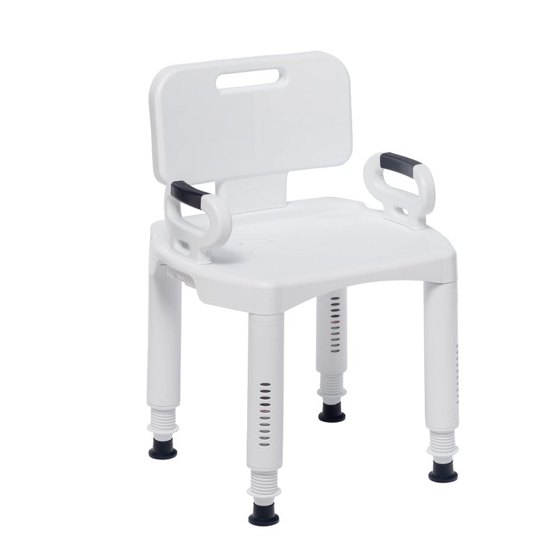 Drive Medical Bathroom Bench with Back & Arms - Adjustable Height - Suction Tip Legs for Stability - Durable Plastic Seat - 350 Lb Capacity - White - Image 1