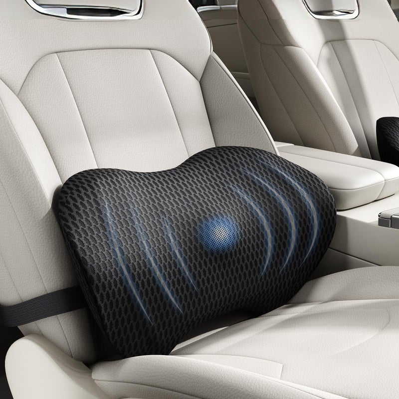 BYMECOST Lumbar Support Pillow for Car, Ergonomic Back Cushion with Strap, Memory Foam Lower Back Support Cushion for Driving, Lumbar Pillow for Pain Relief, for Office Chair, Long Sitting (Black 4D Mesh) - Image 1