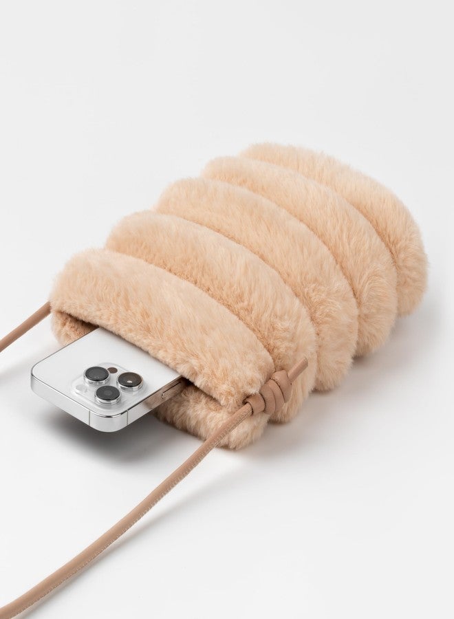 Comfyable Small Crossbody Bag for Women - Faux Fur Fluffy Quilted Cell Phone Purse with Strap, Mini Plush Furry Puffer Pouch, Camel - Image 2