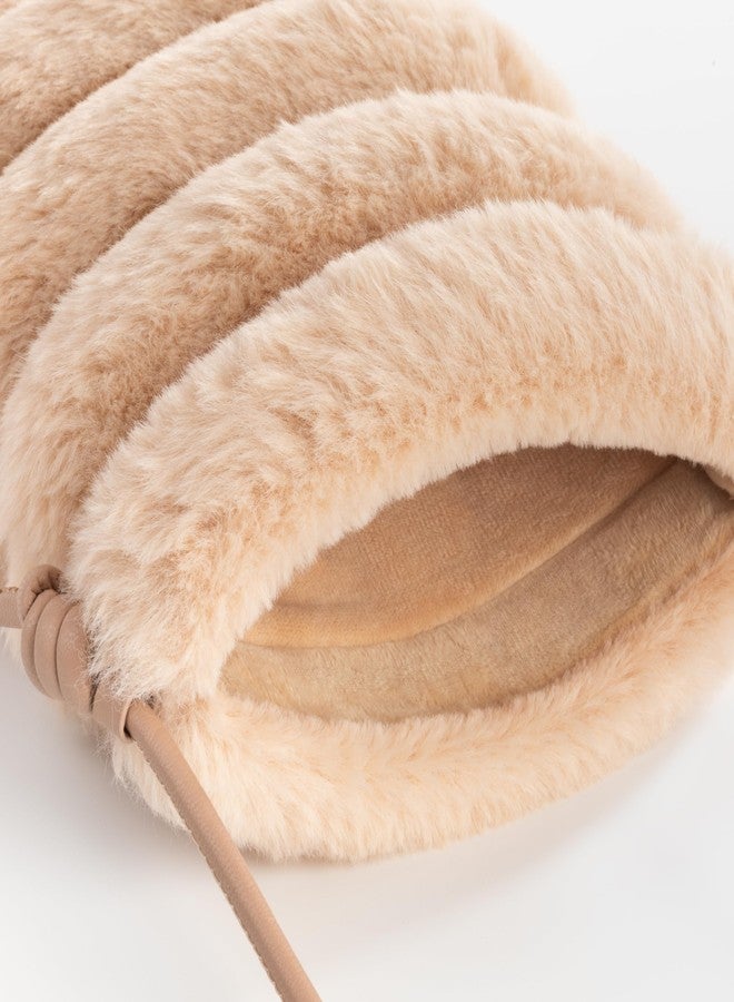 Comfyable Small Crossbody Bag for Women - Faux Fur Fluffy Quilted Cell Phone Purse with Strap, Mini Plush Furry Puffer Pouch, Camel - Image 3