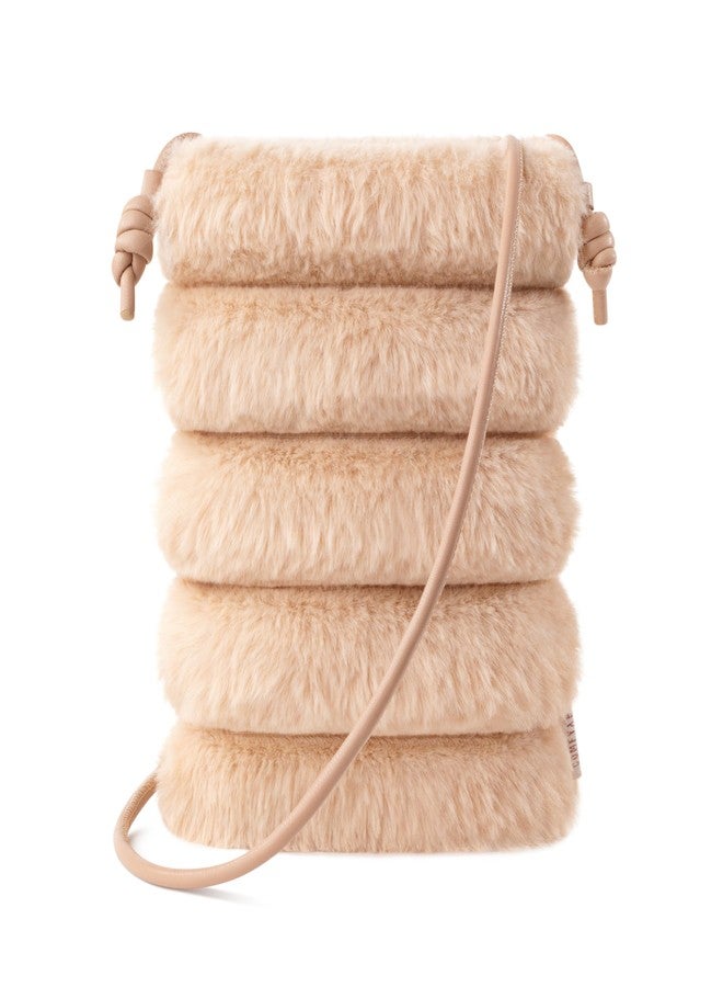 Comfyable Small Crossbody Bag for Women - Faux Fur Fluffy Quilted Cell Phone Purse with Strap, Mini Plush Furry Puffer Pouch, Camel - Image 1