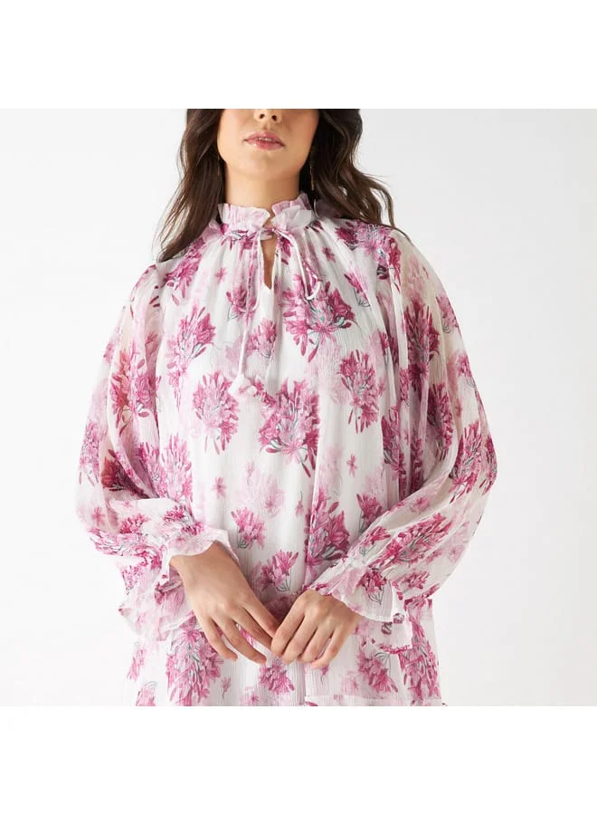 Iconic Iconic All-Over Floral Print Tiered Dress with Long Sleeves and Neck Tie-Ups