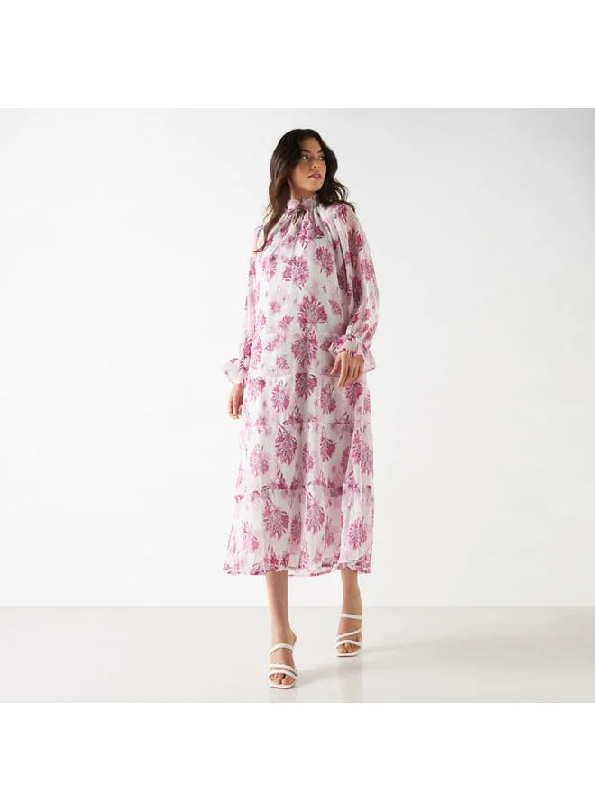 Iconic Iconic All-Over Floral Print Tiered Dress with Long Sleeves and Neck Tie-Ups