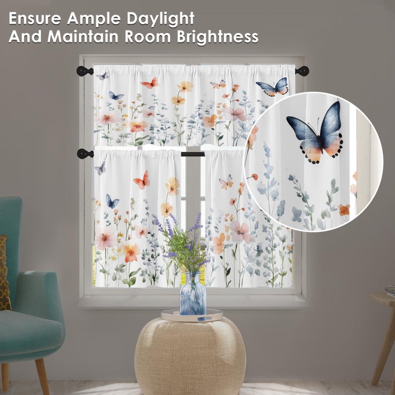 Tayney Spring Wildflower Flower Kitchen Window Curtains Valance and Tier Set 36 Inch, Butterflies Blooms Rod Pocket Short Tier Curtain for Bathroom, Watercolor Small Cafe Drapes for Kitchen Decor - Image 2