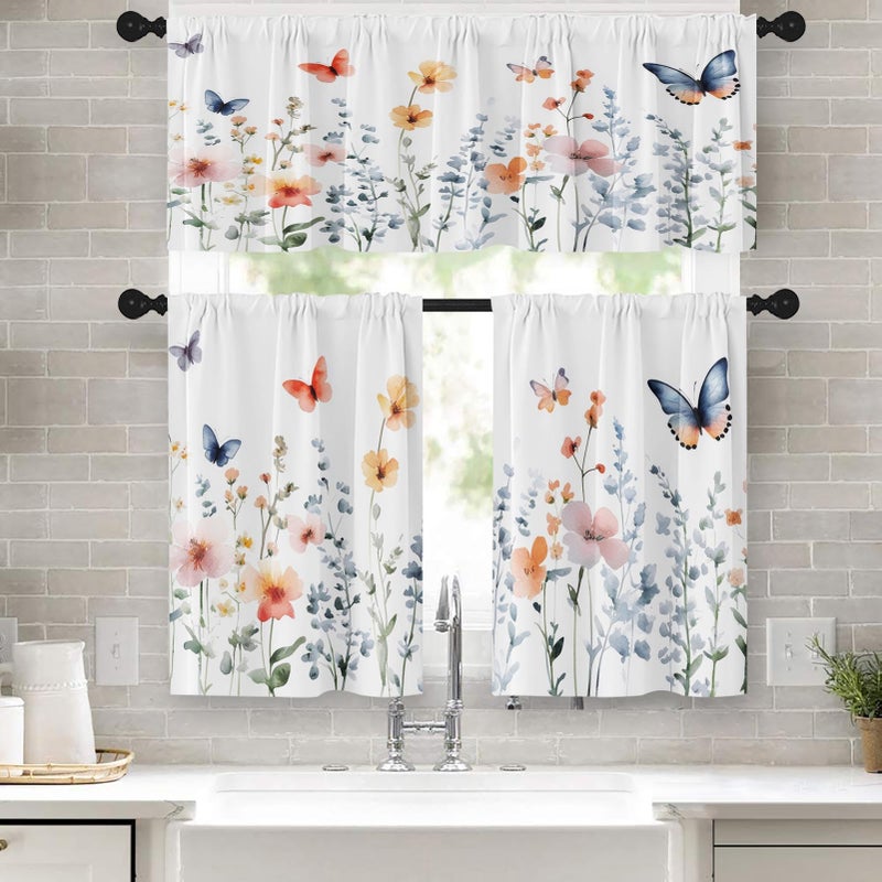 Tayney Spring Wildflower Flower Kitchen Window Curtains Valance and Tier Set 36 Inch, Butterflies Blooms Rod Pocket Short Tier Curtain for Bathroom, Watercolor Small Cafe Drapes for Kitchen Decor - Image 1