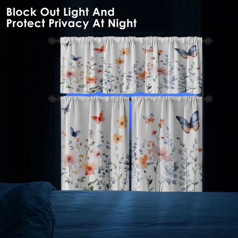 Tayney Spring Wildflower Flower Kitchen Window Curtains Valance and Tier Set 36 Inch, Butterflies Blooms Rod Pocket Short Tier Curtain for Bathroom, Watercolor Small Cafe Drapes for Kitchen Decor - Image 3