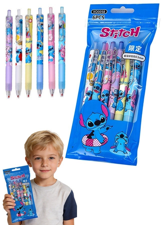 6PCS Stitch Rollerball Pen Set, Cute Cartoon Writing Pens for Kids Students School Supplies Birthday Party Favors Gift - Image 1