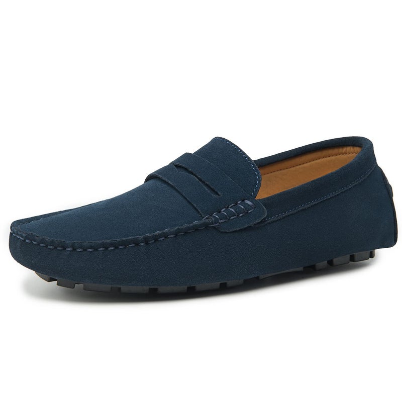 Go Tour Mens Handmade Suede Leather Penny Loafers Moccasin Slip On Boat Shoes Dark Blue 10 M US44