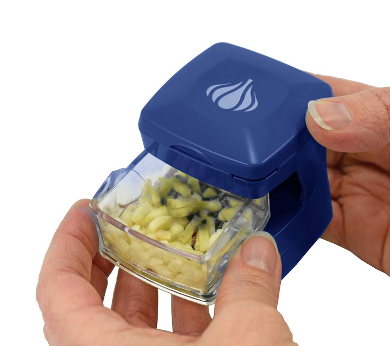 Kitchen Innovations Garlic-A-Peel Garlic Press, Crusher, Cutter, Mincer, and Storage Container - Includes Silicone Garlic Peeler - Easy to Clean - Stainless Steel Blades – (Blue), standard - Image 4
