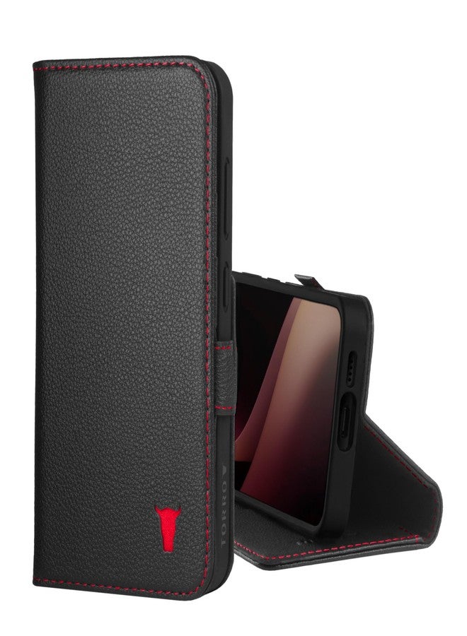 TORRO Case Compatible with Samsung Galaxy S24 5G - Premium Leather Wallet Case with Kickstand and Card Slots (Black with Red Detail) - Image 1