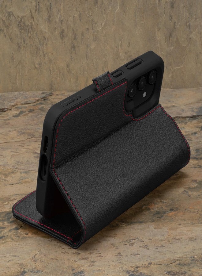 TORRO Case Compatible with Samsung Galaxy S24 5G - Premium Leather Wallet Case with Kickstand and Card Slots (Black with Red Detail) - Image 3