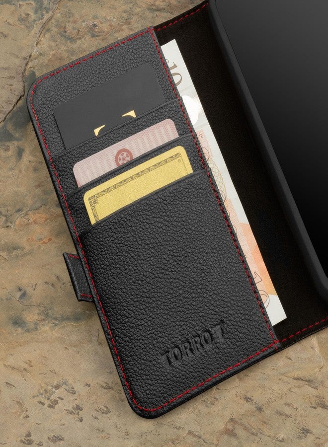 TORRO Case Compatible with Samsung Galaxy S24 5G - Premium Leather Wallet Case with Kickstand and Card Slots (Black with Red Detail) - Image 4