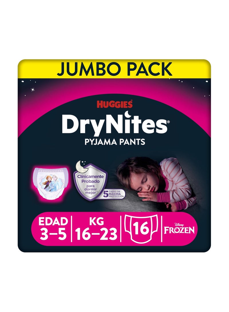 HUGGIES DryNites Pyjama Pants, 3-5 years, Bed Wetting Diaper, Girl, 16-23 kg, Jumbo Pack, 16 Pants