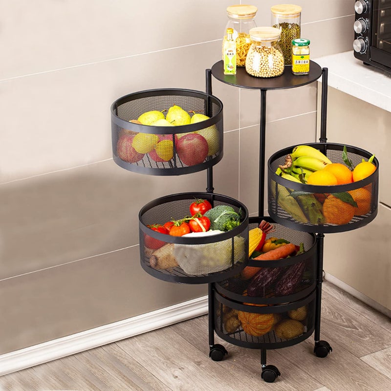 Genaric Fruit Vegetable Basket Rotating Rack with Wheels,Household Storage Shelf for Kitchen Living Fruit Vegetable Snack Stand Rotating Standing Fruit Basket Rotating Shelf Kitchen Organizer (5 Layers)