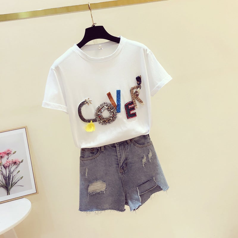 Spot 2023 Spring New Heavy Industry Three-Dimensional Letter Beaded Pure Cotton Loose Short-Sleeved Round Neck White Base T-Shirt For Women - Image 5